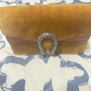 Gold Suede Clutch with Silver Buckle
